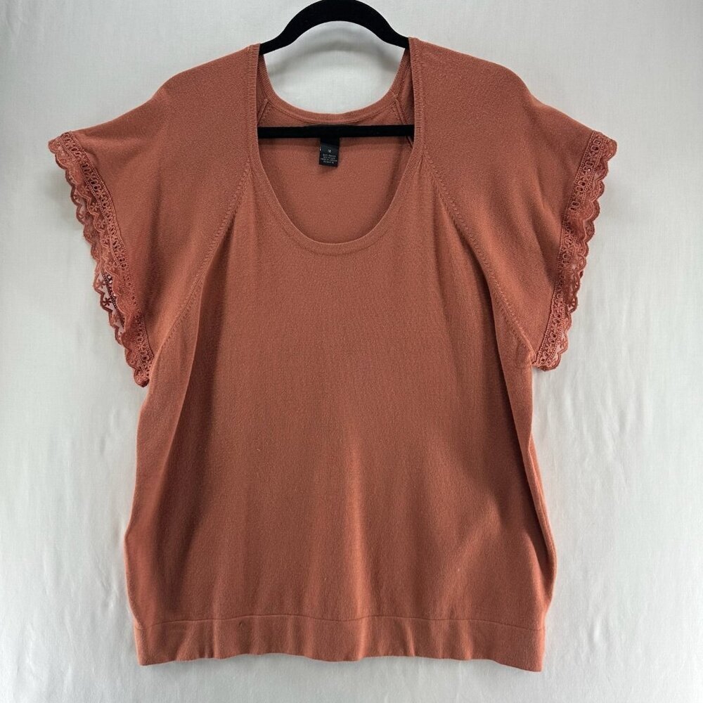 Marina Luna Knit Flutter Sleeve Top Womens 1X Eyelet Lace Trim Scoop Neck Brown